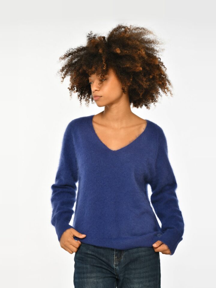 Alex – Pull col V en laine et cachemire – Océan