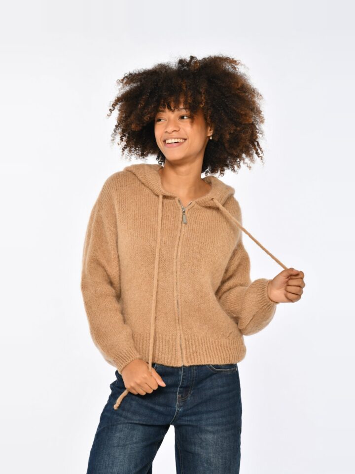 Sunny – Gilet zippé à capuche manches longues – Camel